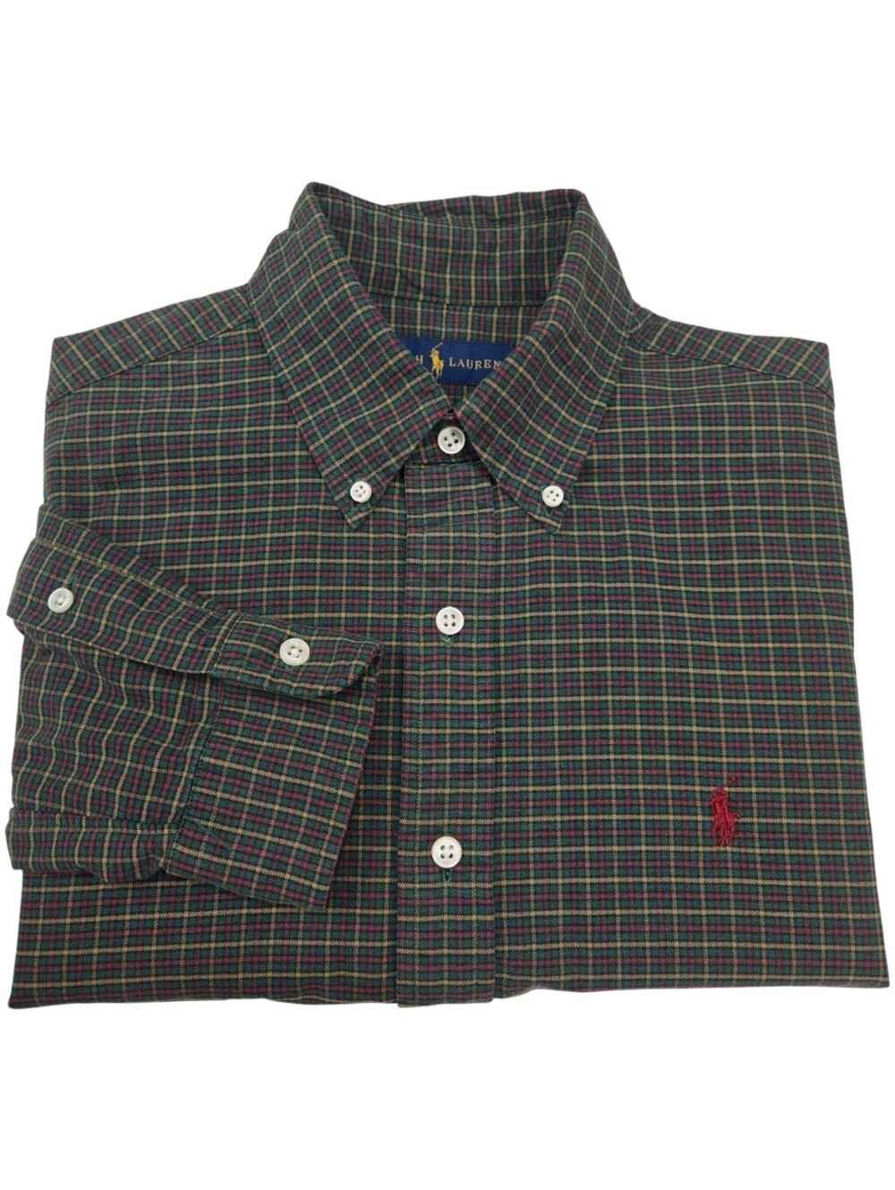 Vintage 90s Ralph Lauren Mens Sm Green Plaid Cotton Button Down Shirt Red Pony